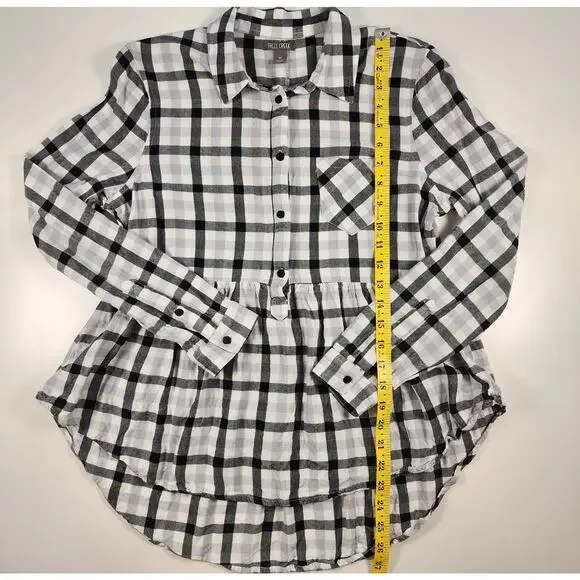 Falls Creek Plaid Peplum Button Front Blouse Black White M - Picture 3 of 9